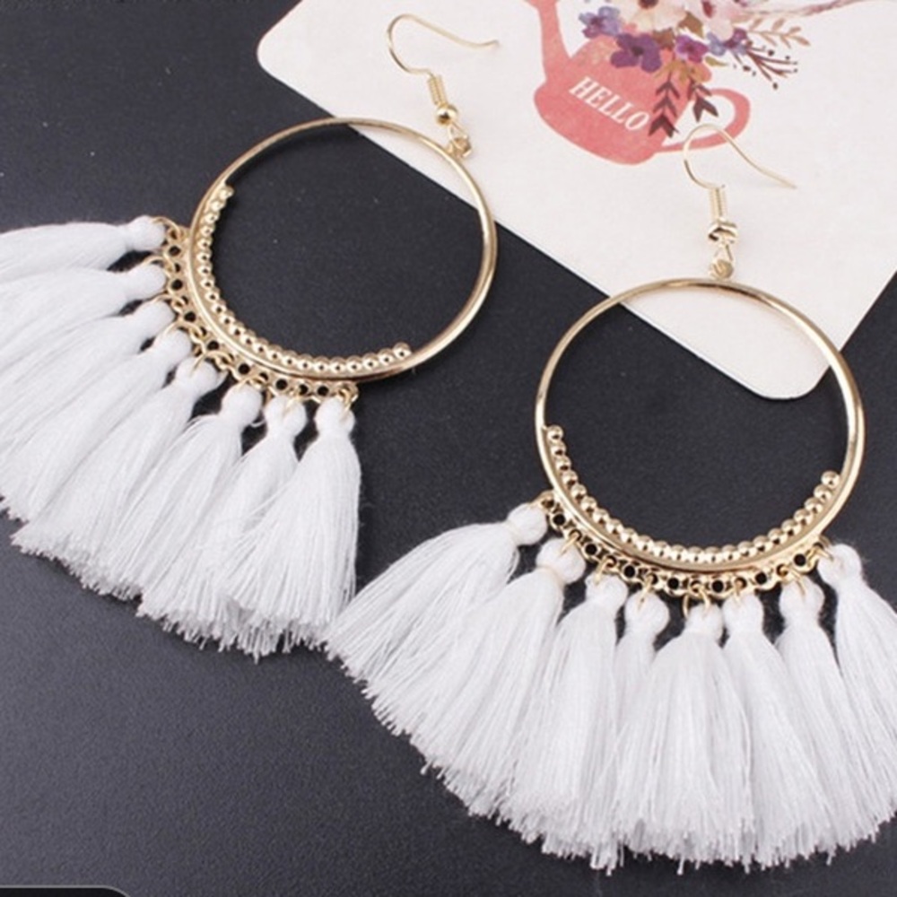 White and gold tassel earrings